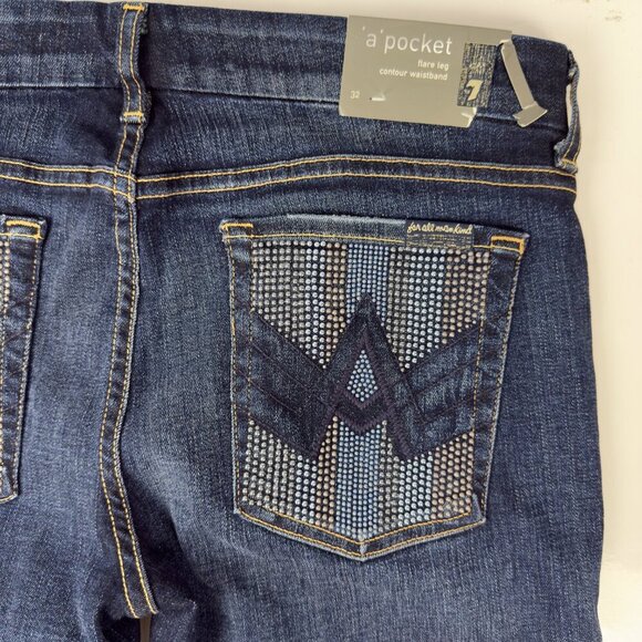 7 FOR ALL MANKIND NWT Western Flare Bootcut Whiskered Denim Dark Blue Jeans 32 - Picture 3 of 6